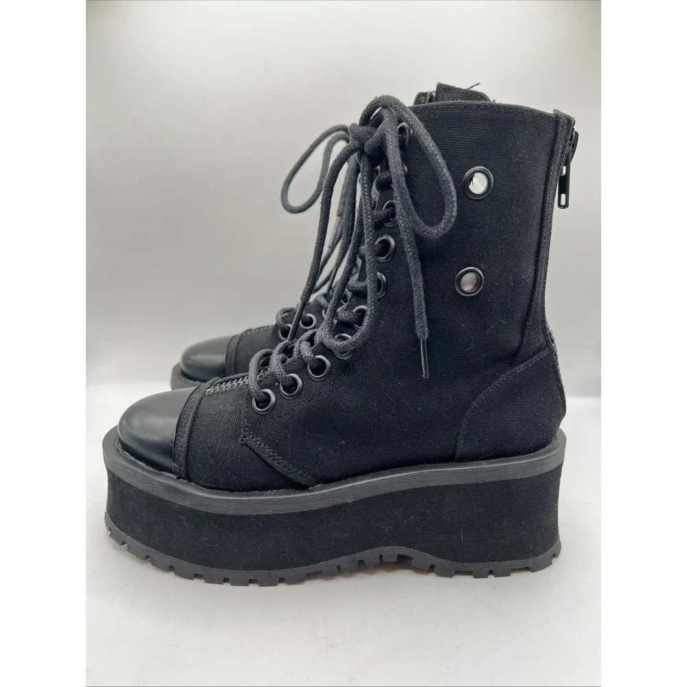 Demonia GRAVEDIGGER-10 Platform Lace Up Ankle Black Metal Toe Cap Sz 4